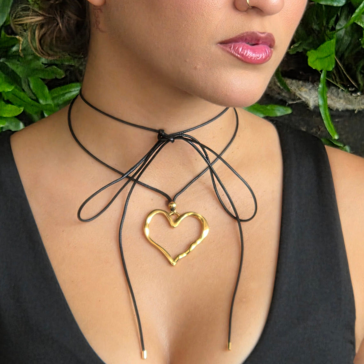 Pleated Wax Rope Heart Pendant Necklace – Stainless Steel