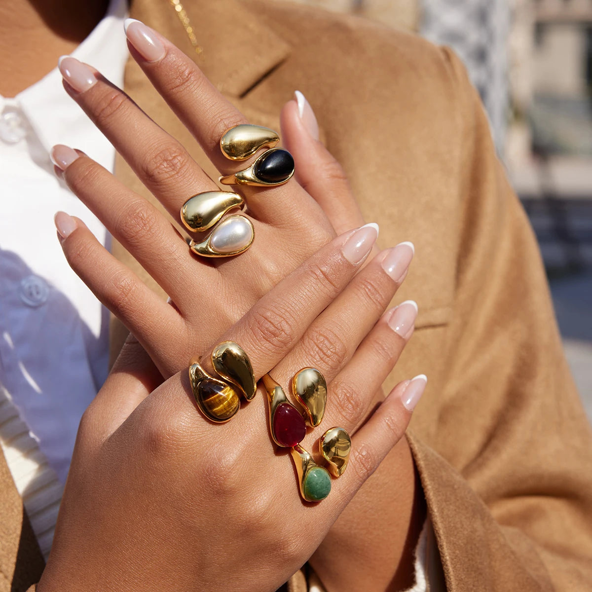 18K Gold-Plated Water Drop Cuff Ring with Natural Stone