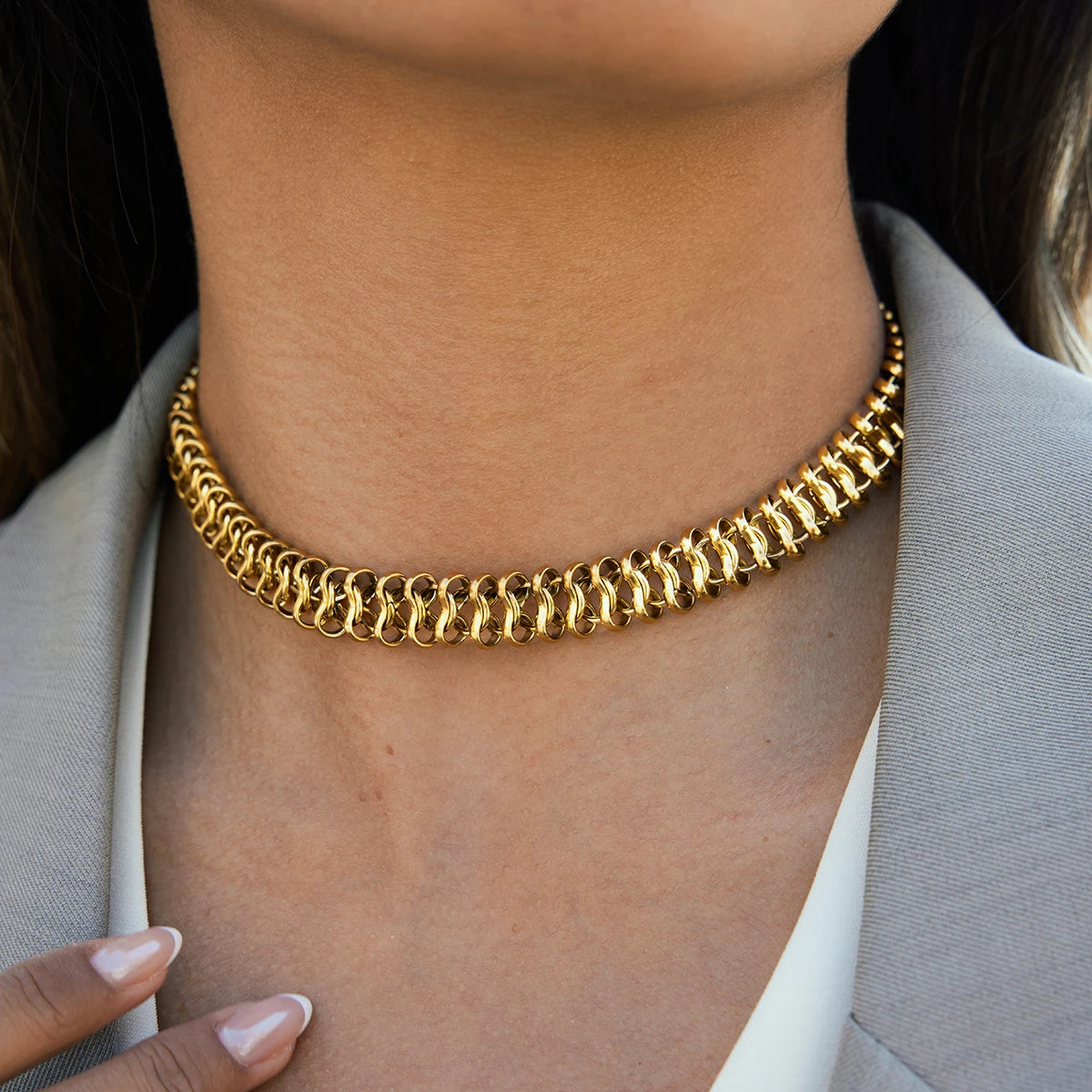 Adjustable Chain Choker Necklace For Women 18K Gold Plated Stainless Steel Hypoallergenic Chunky Jewelry