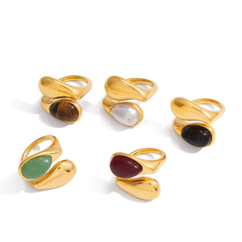 18K Gold-Plated Water Drop Cuff Ring with Natural Stone